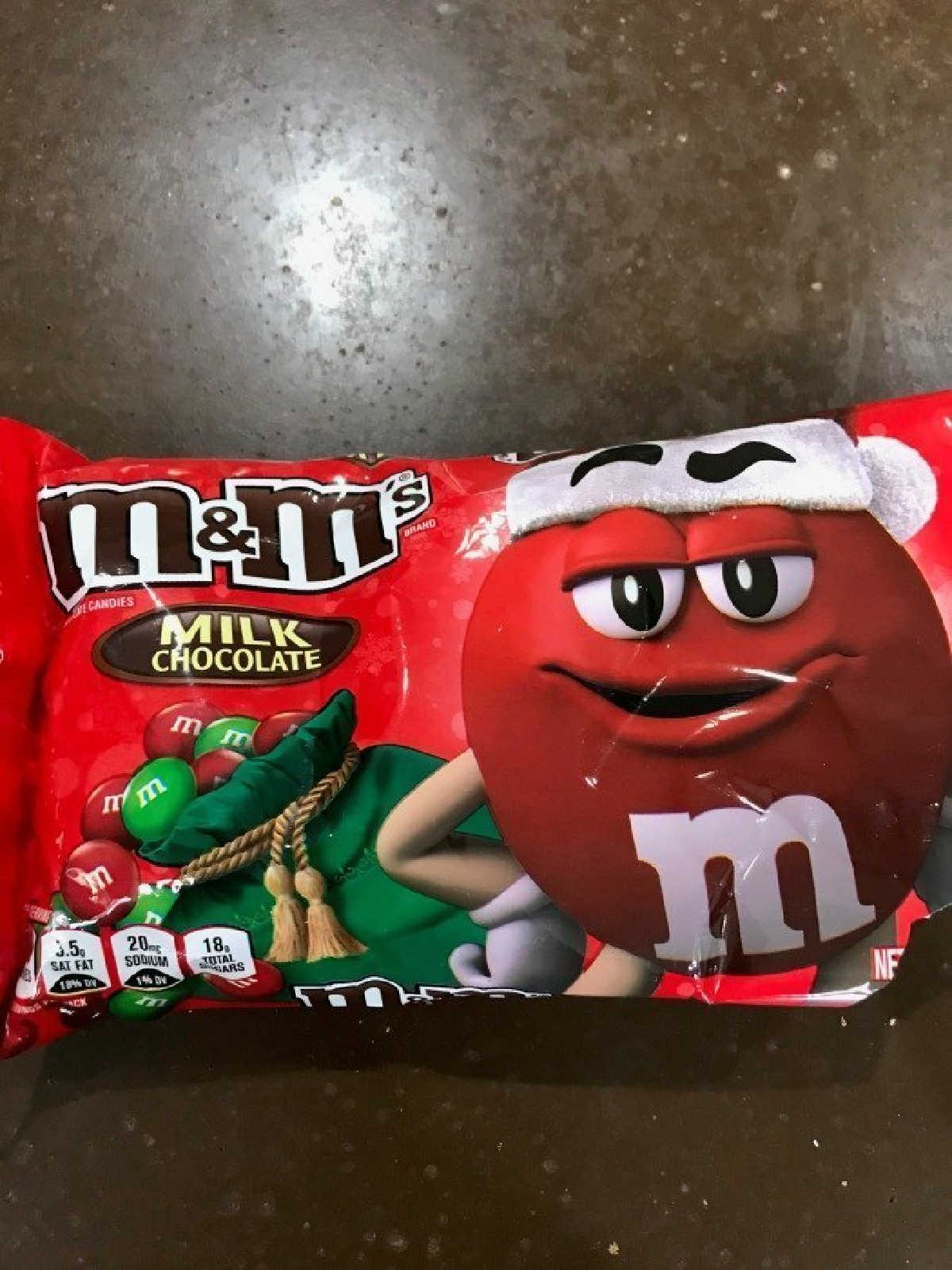Bag of red and green Christmas M&M's. 