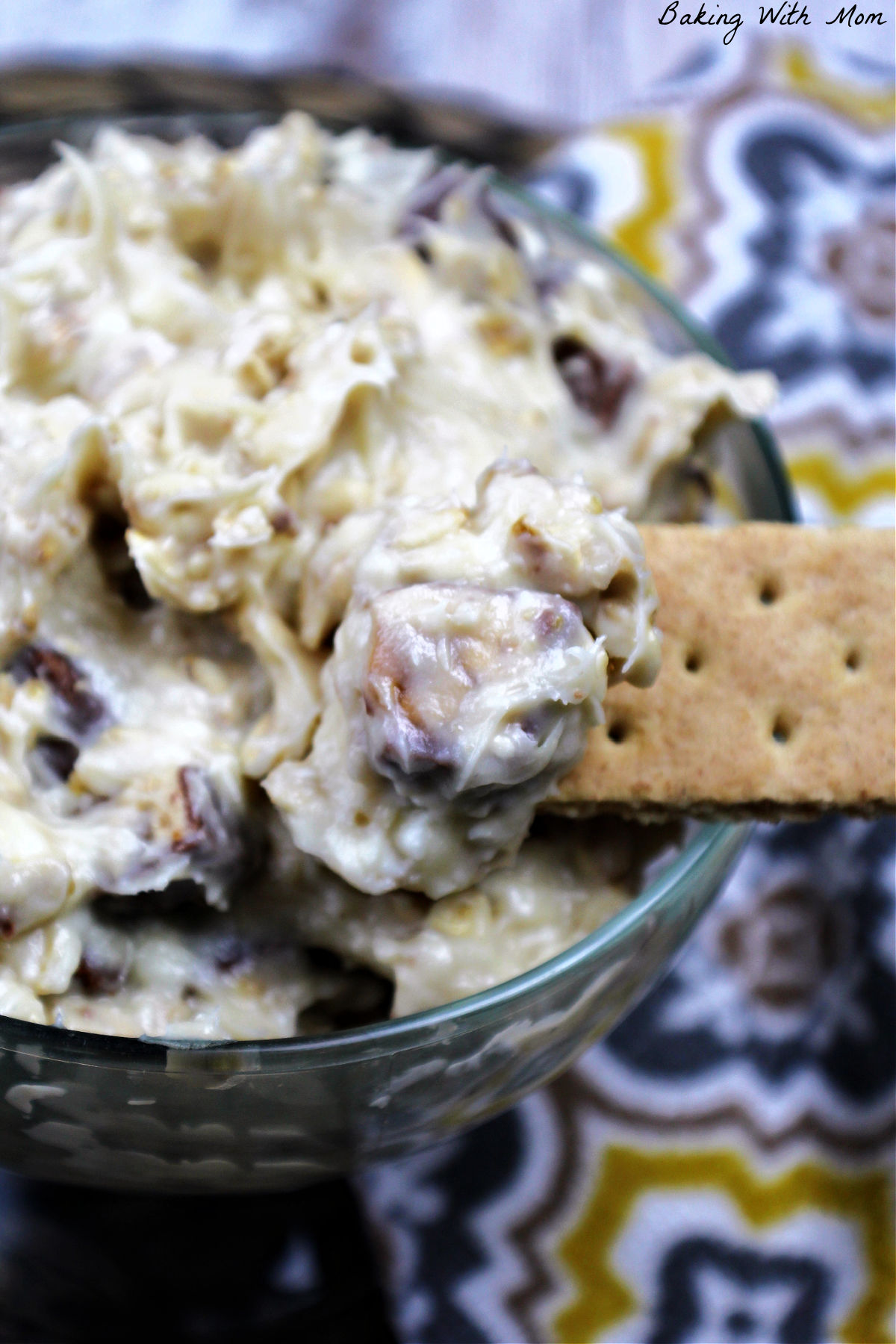 Graham crackers dipped in a creamy snickers dip. 