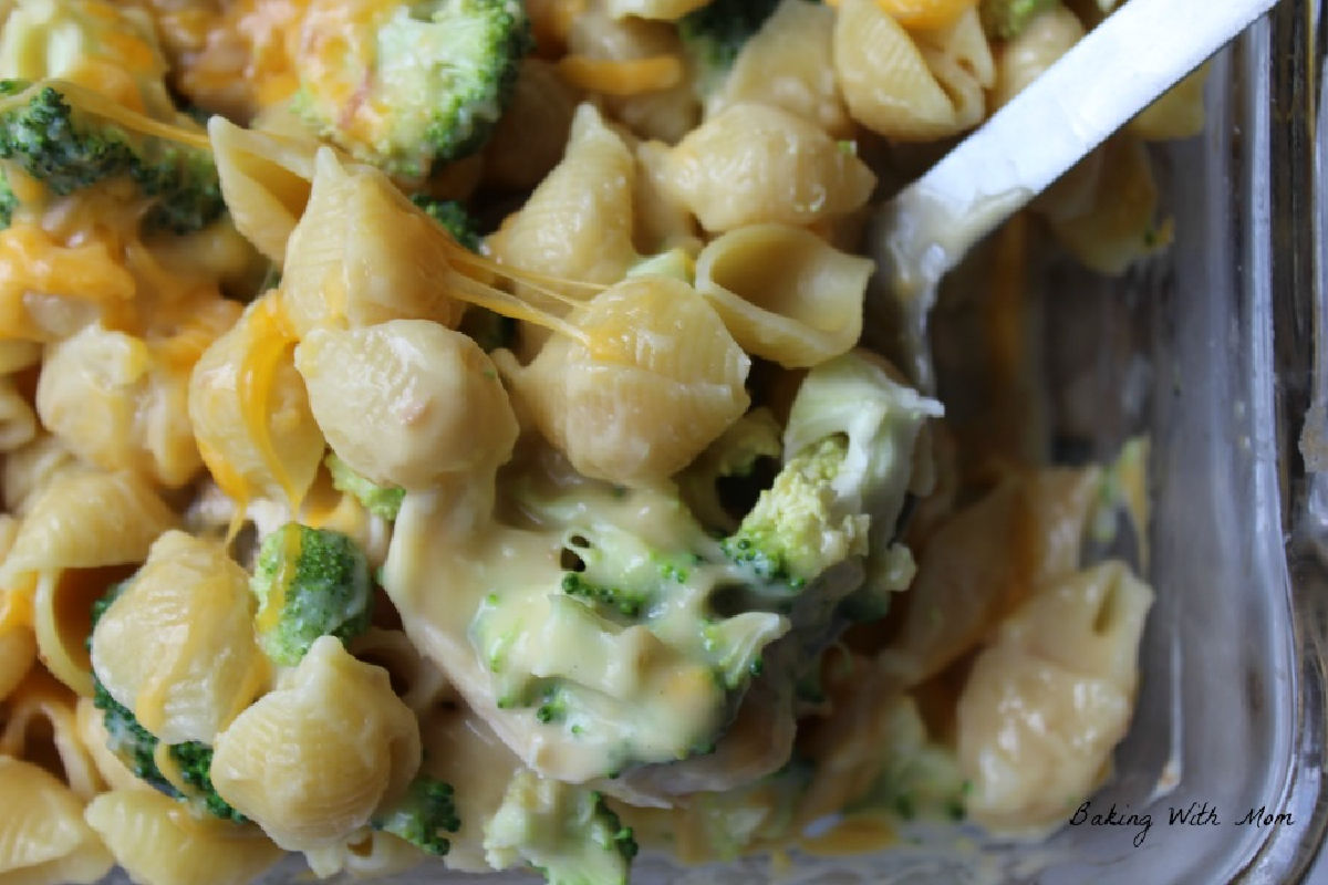 Spoon holding pasta, chicken and broccoli