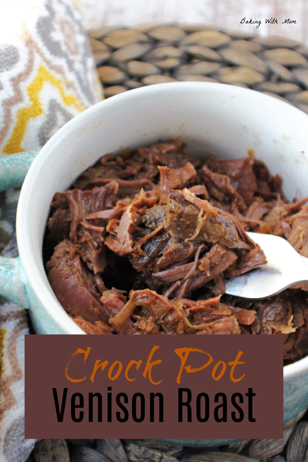 Delicious venison roast in a white bowl. 