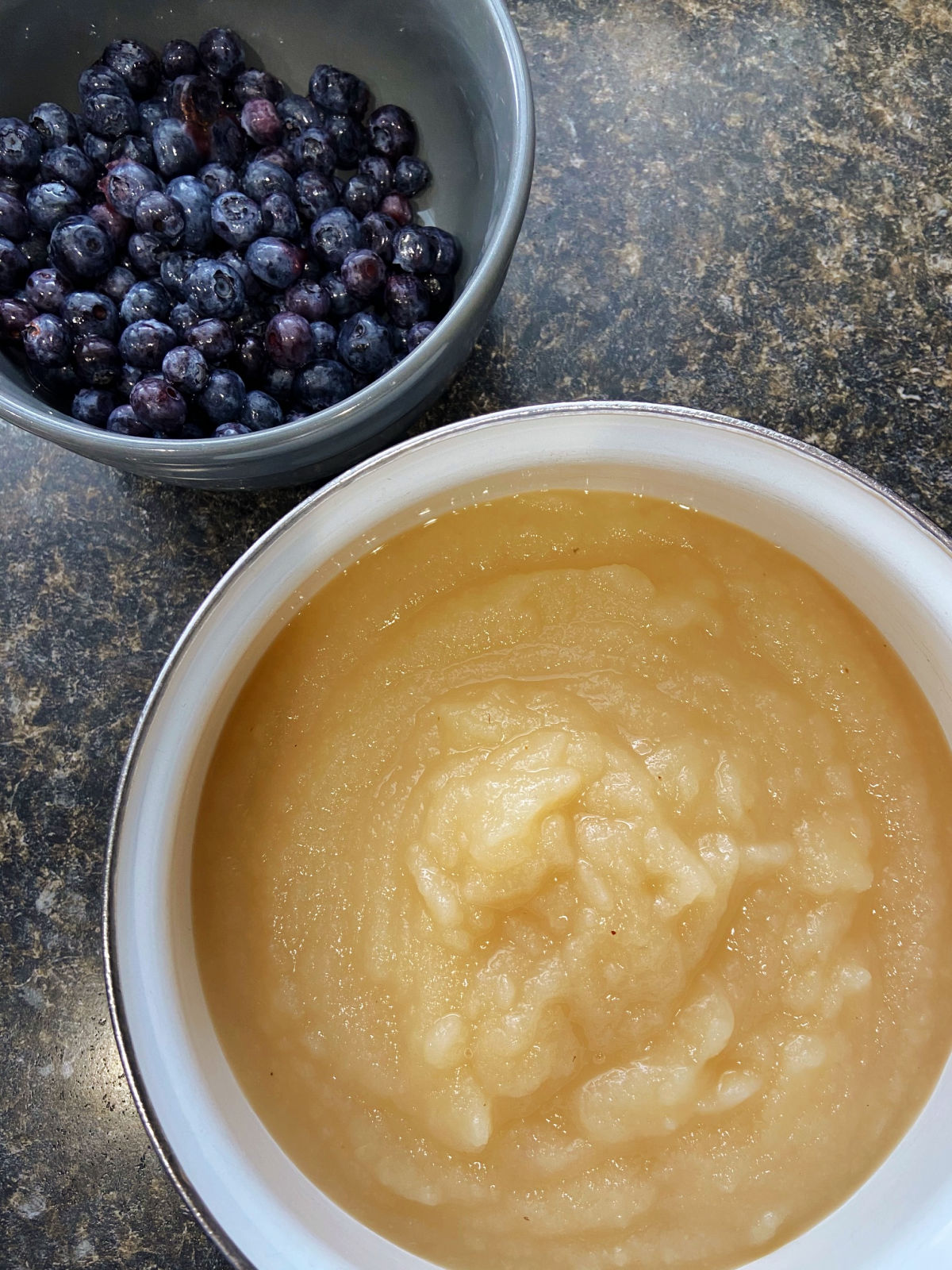 Applesauce in a pot and a bowl of blueberries.