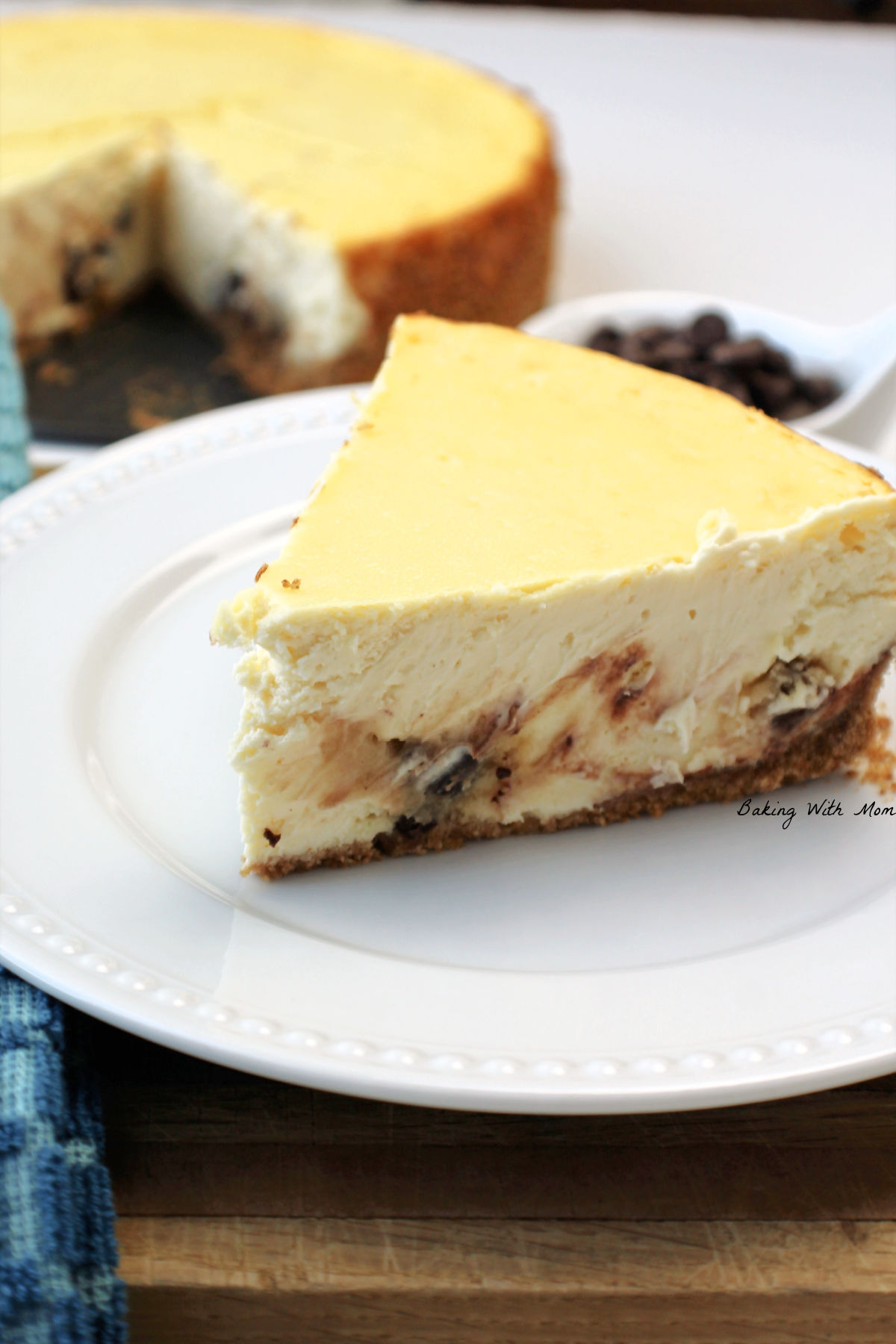 Slice of chocolate chip cookie dough cheesecake.