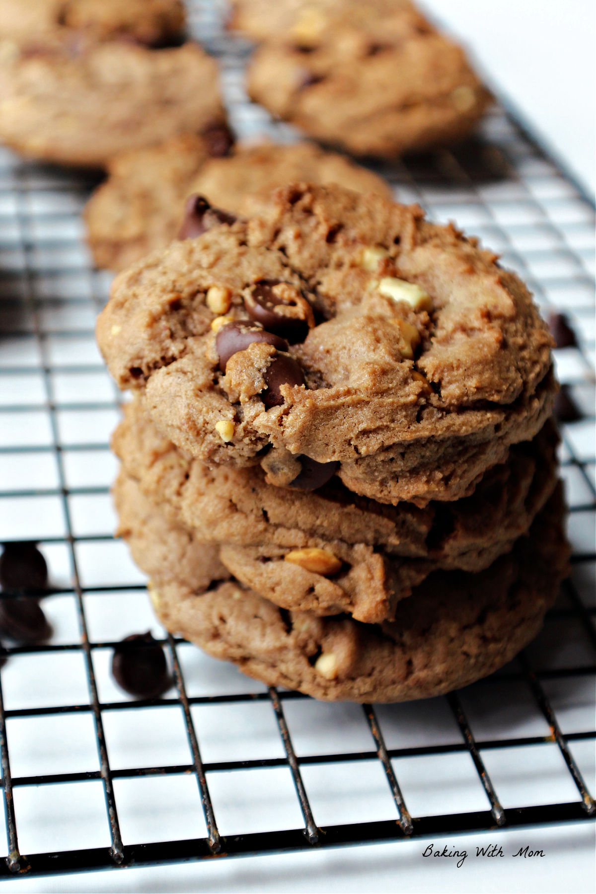 Chocolate peanut butter cookies in a stack of 3.