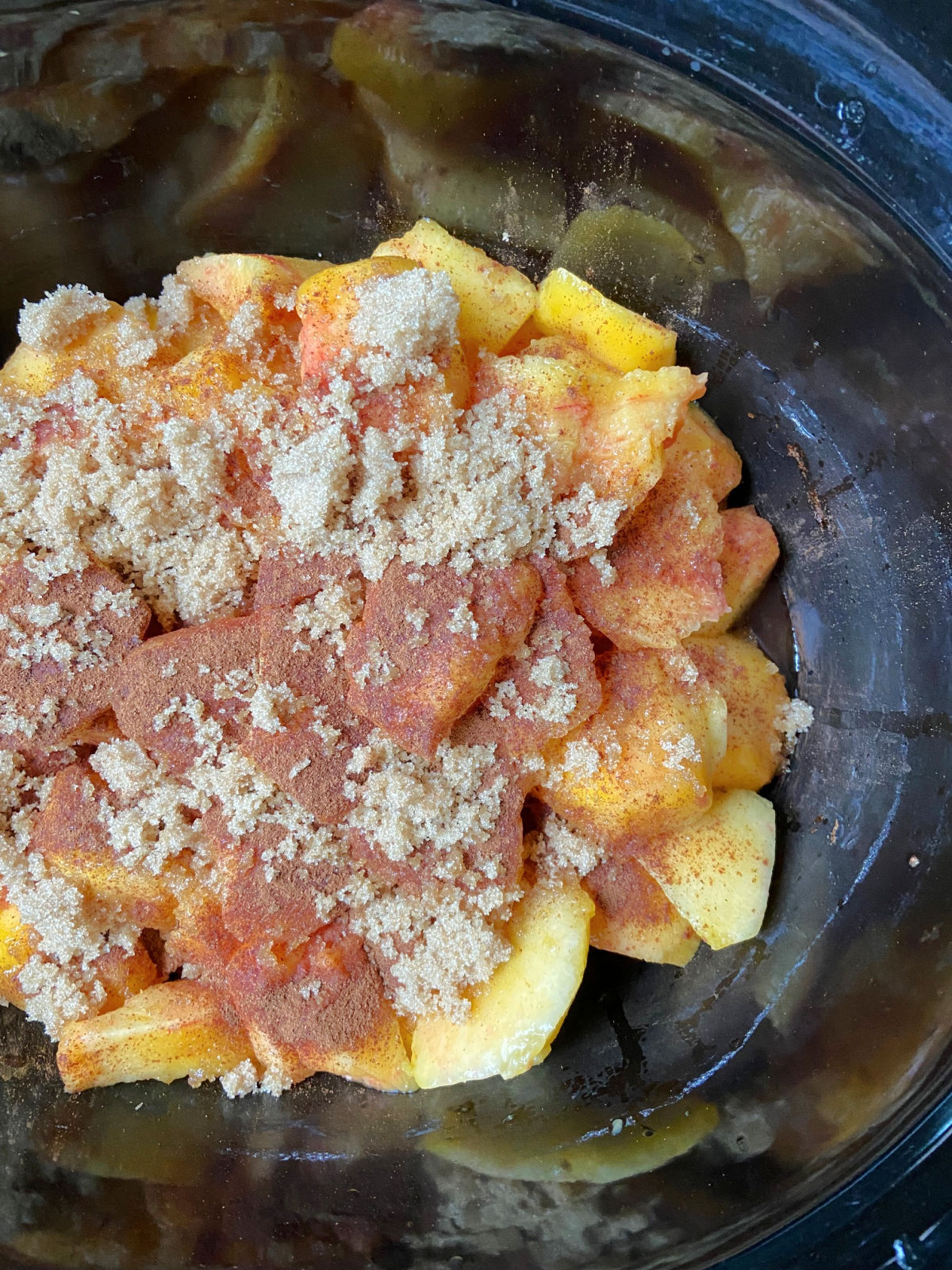 Peaches covered in brown sugar and cinnamon. 