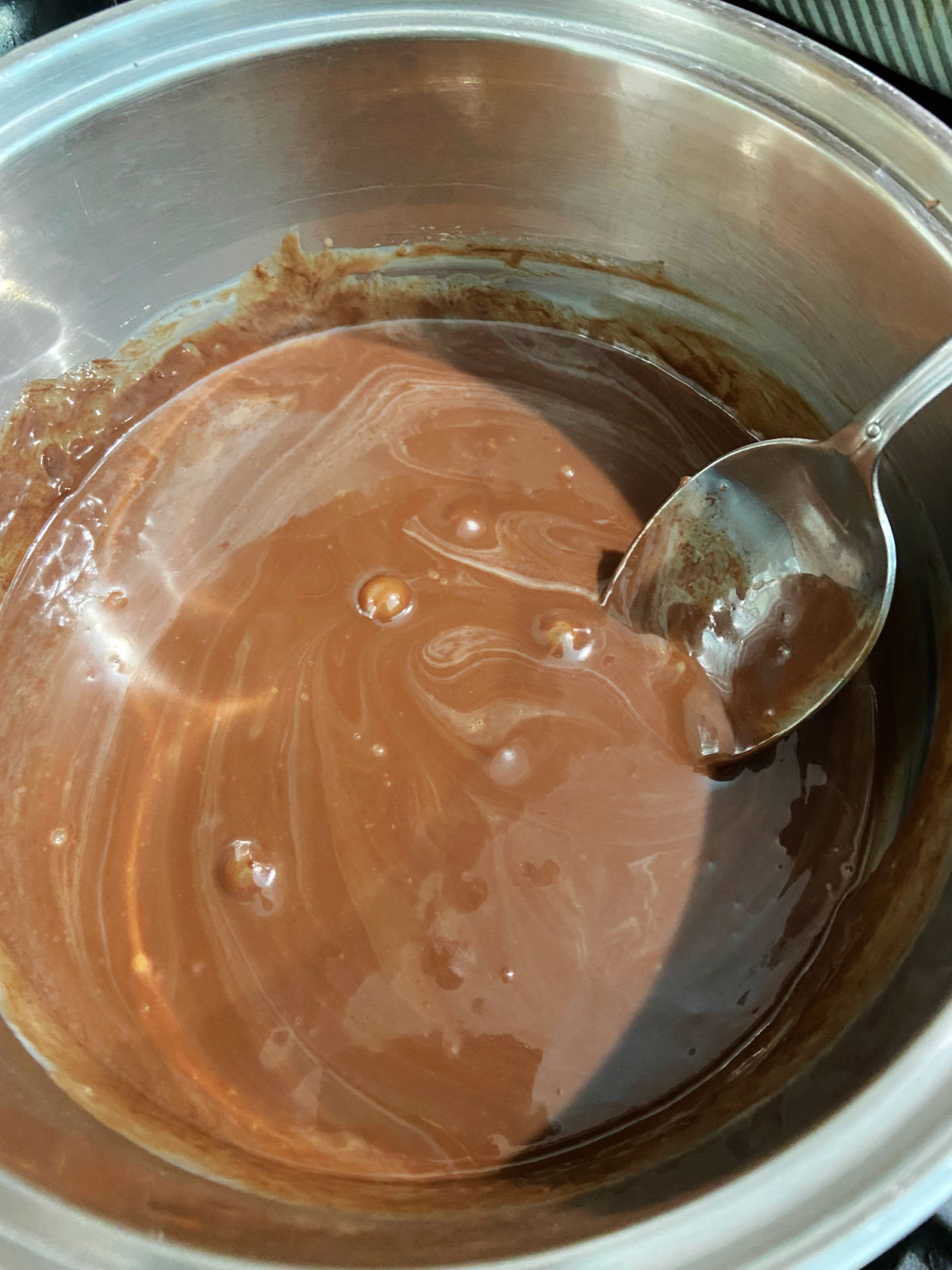Melted chocolate in a pan. 