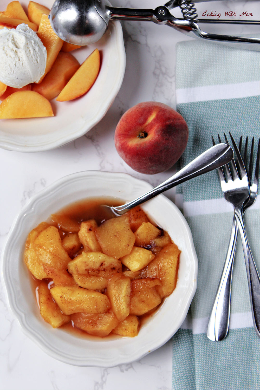 Cut and flavored cooked peaches in a bowl.