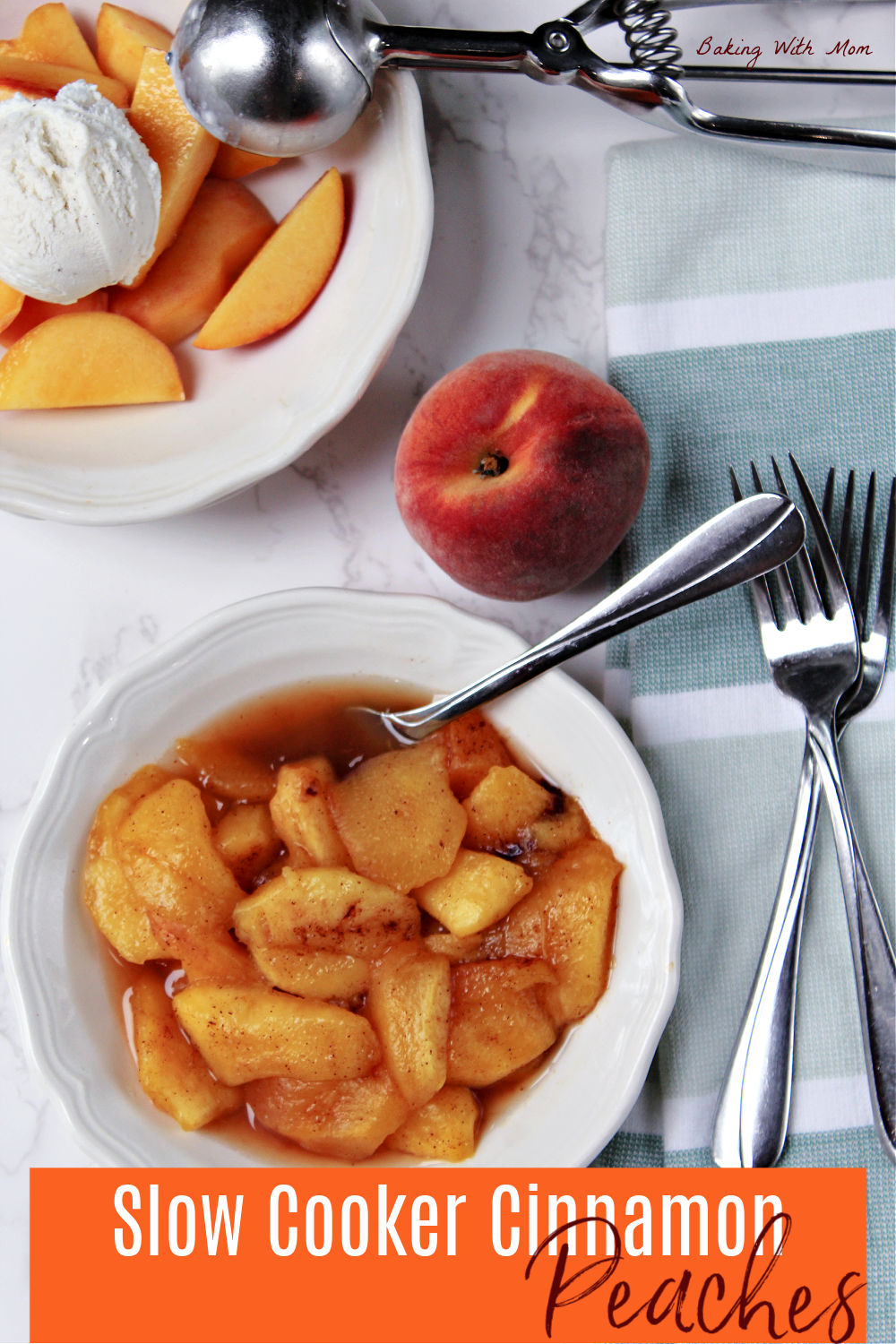 A peach, warm peaches in a bowl and a scoop of vanilla ice cream. 