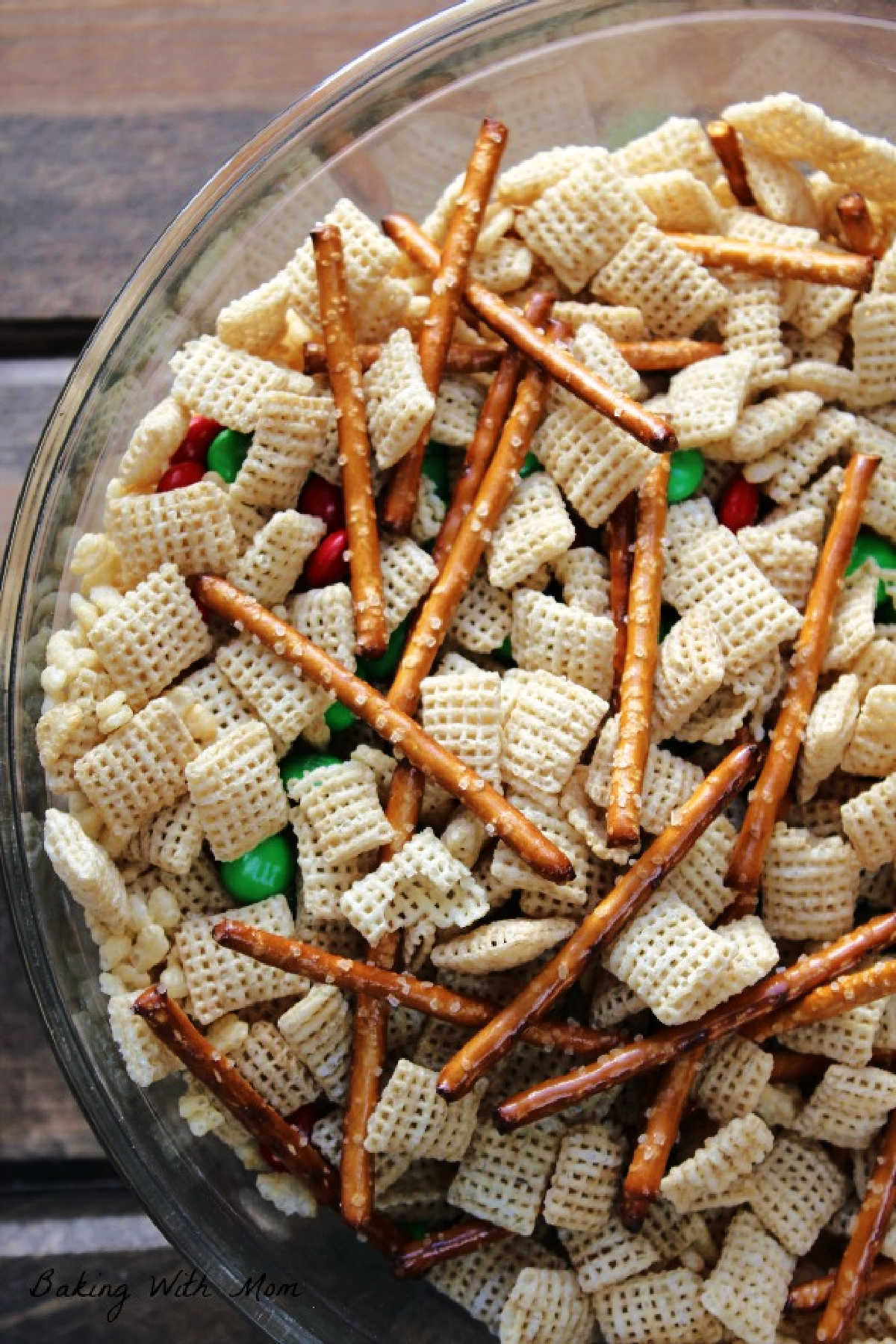 rice cereal, pretzels, rice krispies in a bowl.