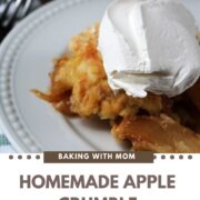 apple crumble on a white plate.
