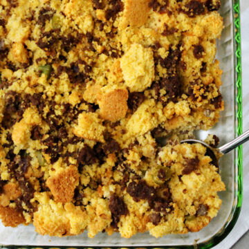 Cornbread stuffing in a clear dish