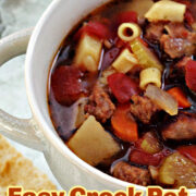 sausage soup in a bowl with words.