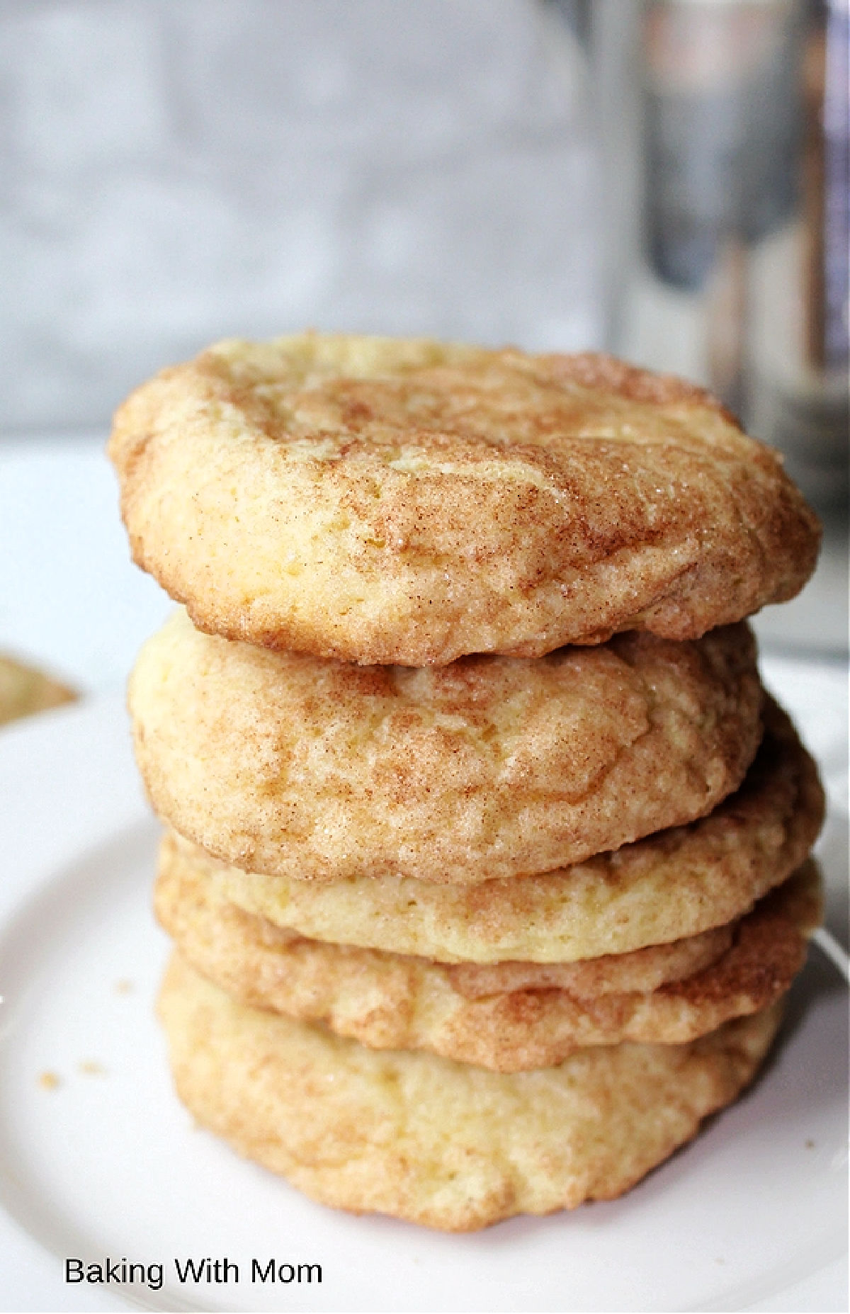 Stack of snickerdoodle cookies on a white plate.