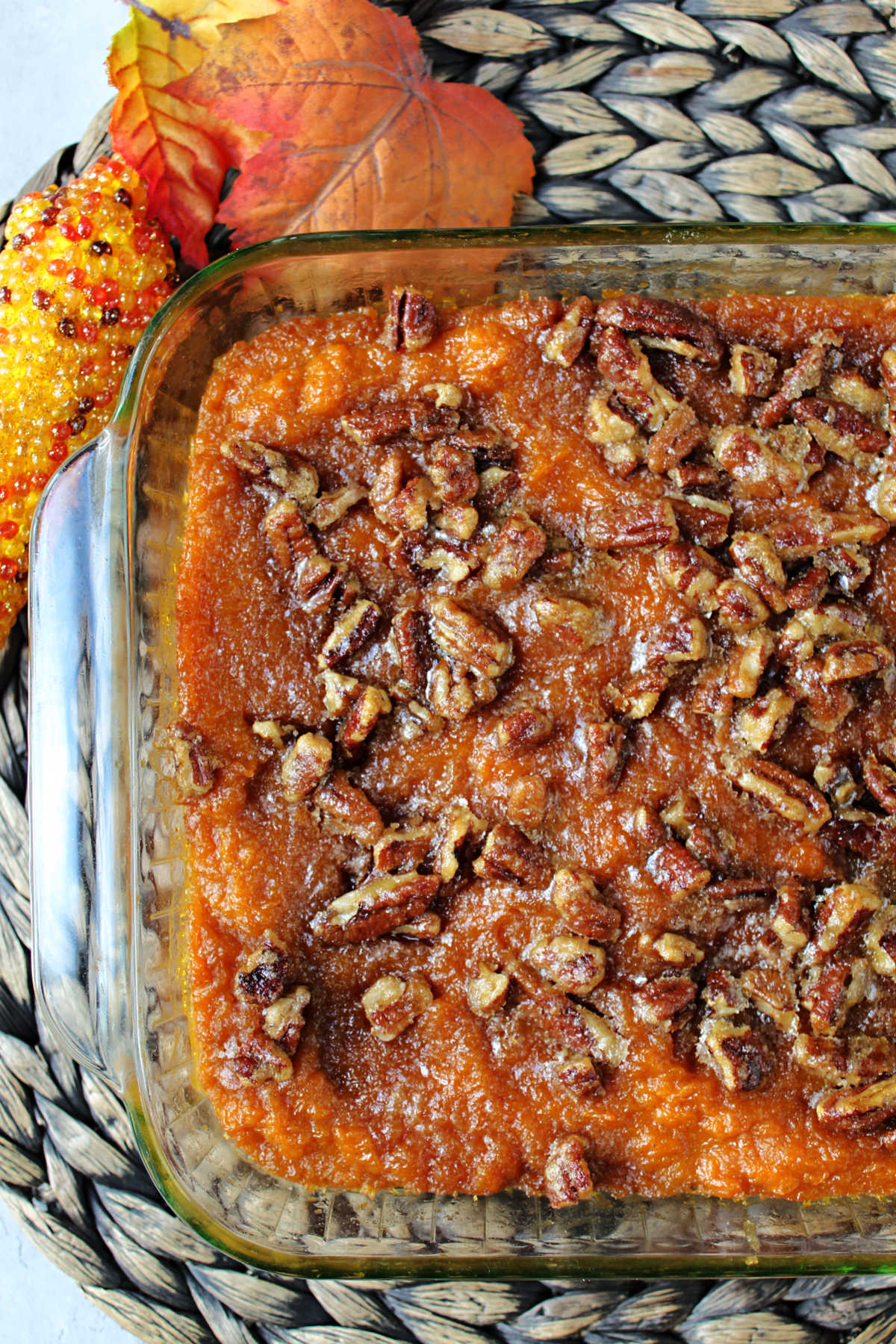 sweet potato casserole in a clear baking dish.