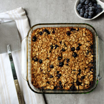 oatmeal bake in a square baking dish.