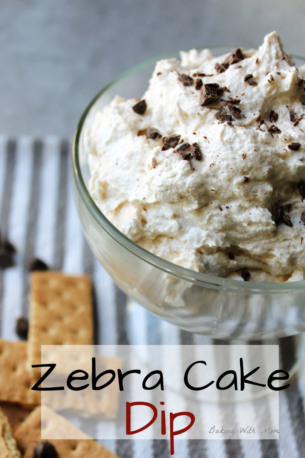 Zebra cake dip in a clear bowl. 