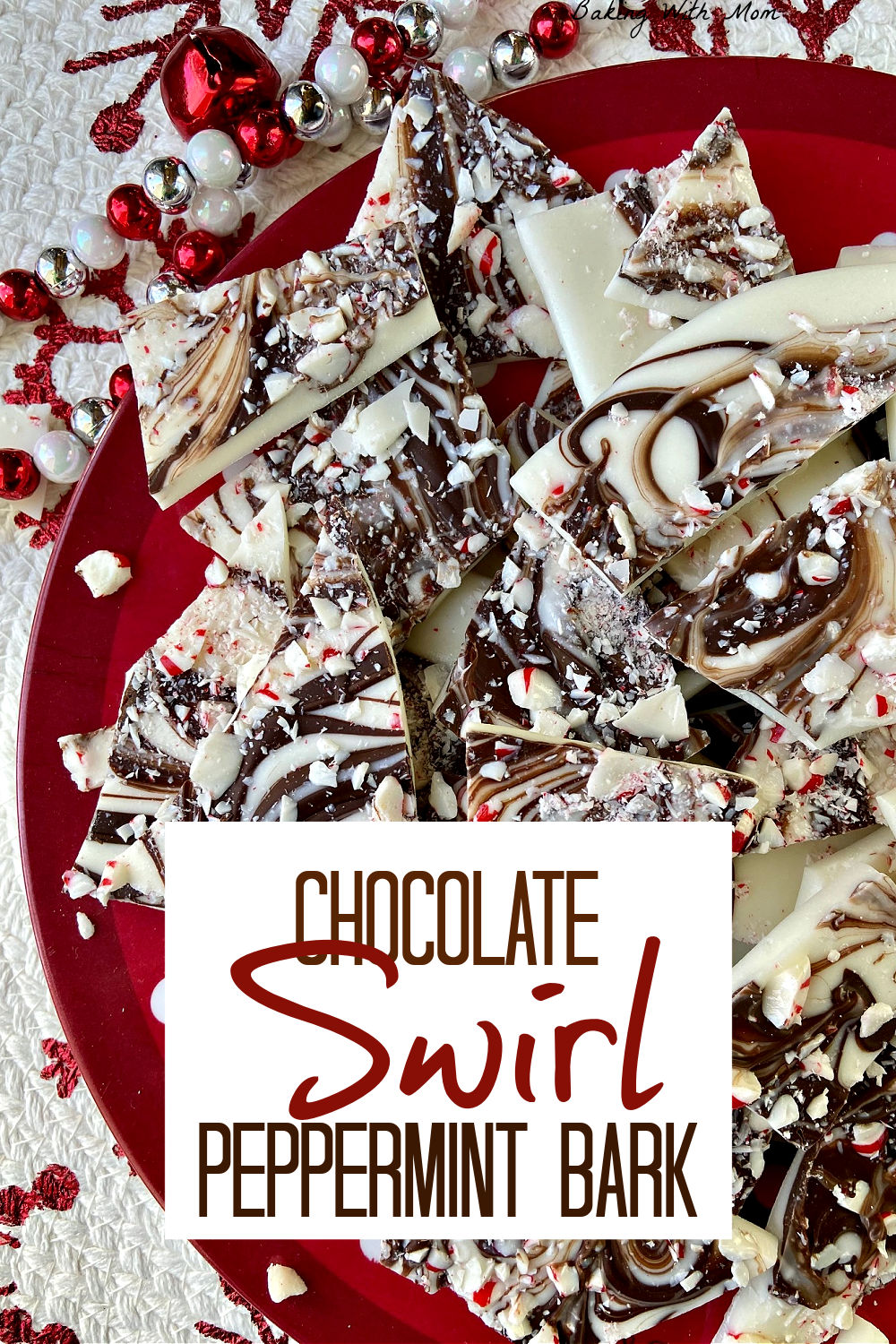 Peppermint bark on a red tray. 