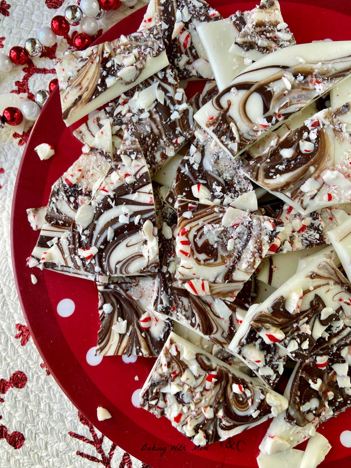 almond bark mint candy on a red plate. 