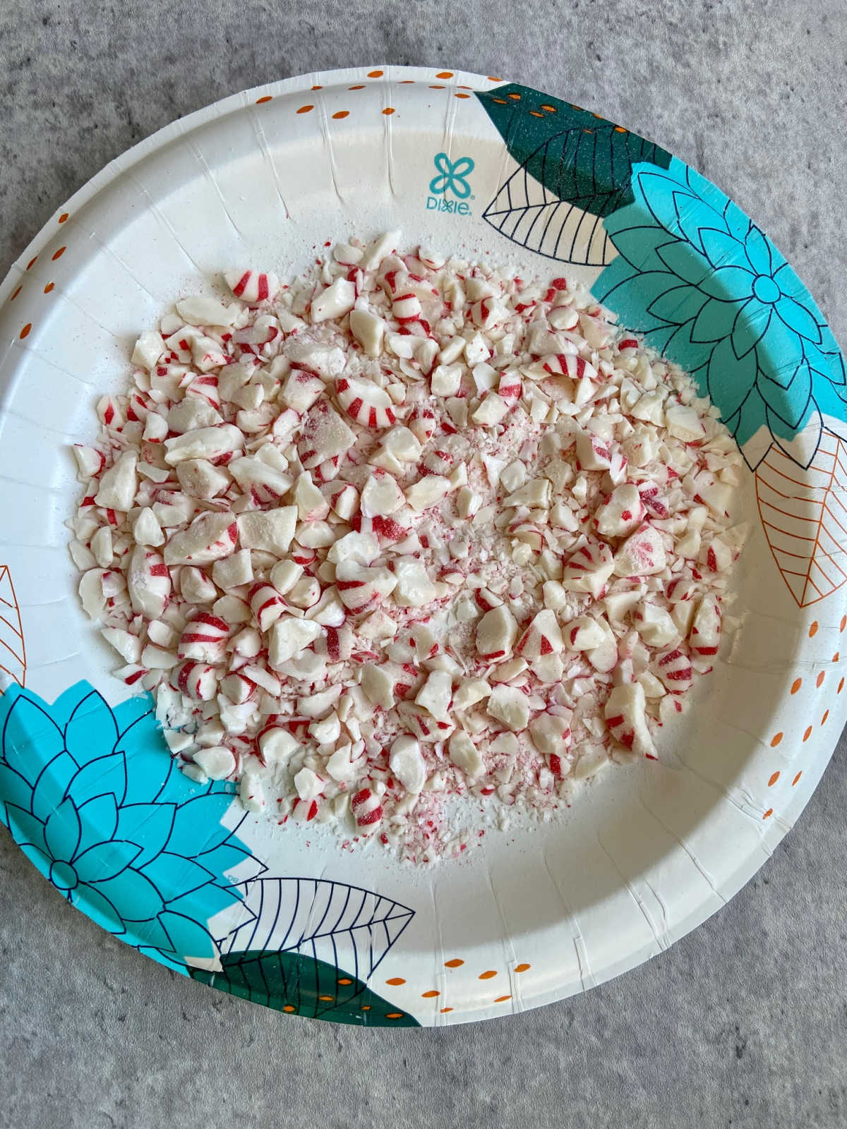 crushed peppermints on a paper plate. 