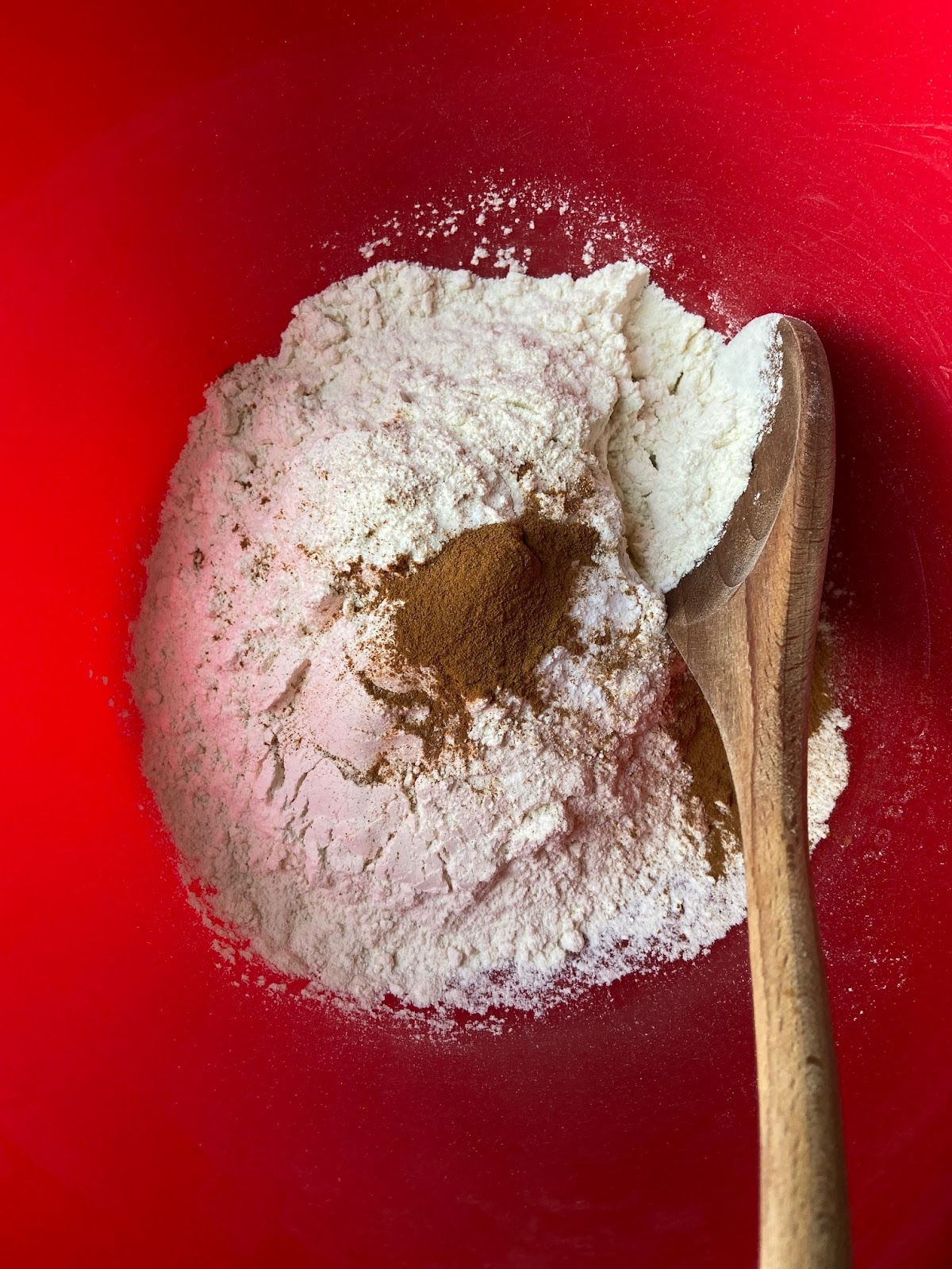 Flour and muffin mix in a red bowl. 