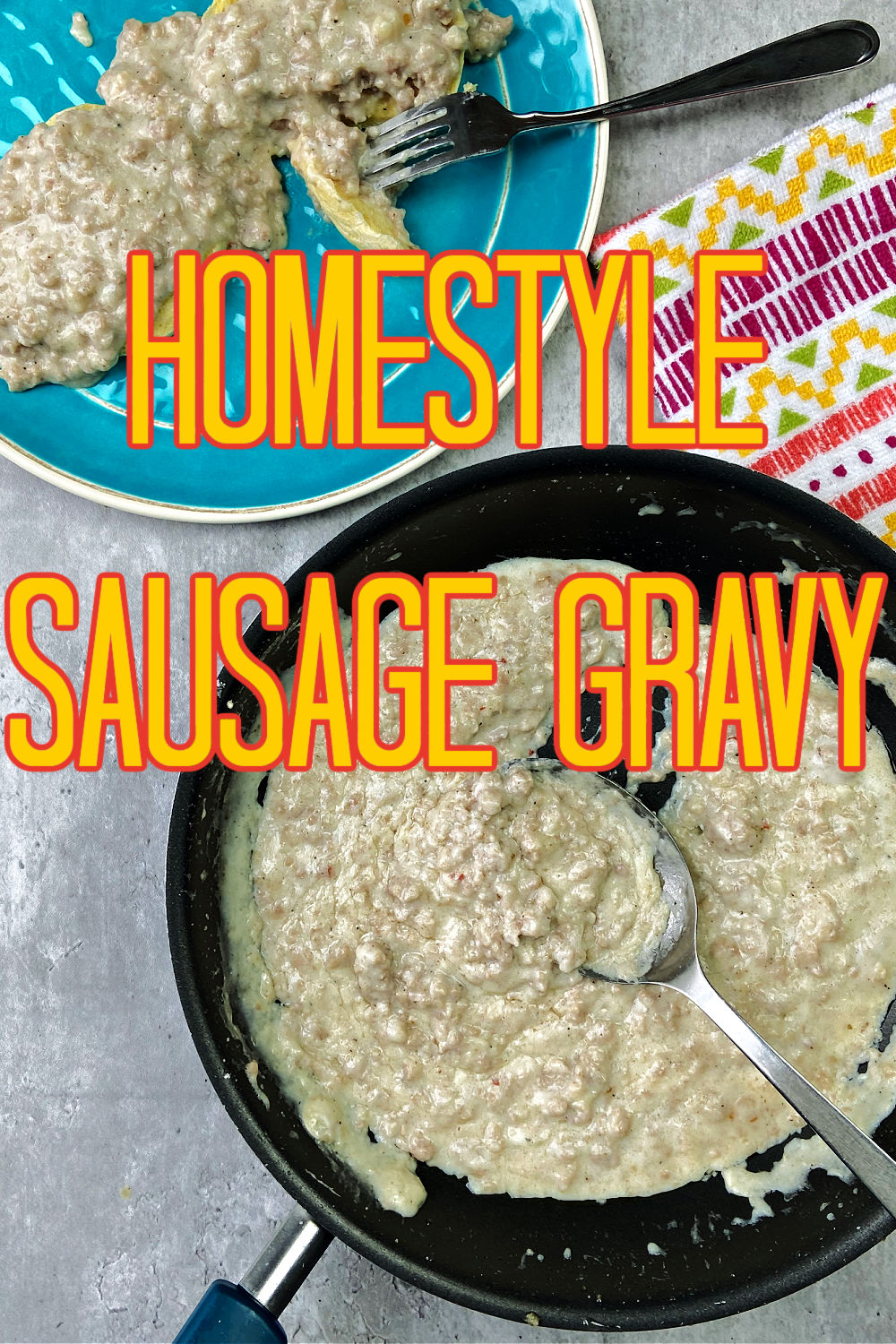 Sausage gravy in a frying pan with a colorful towel besides. 