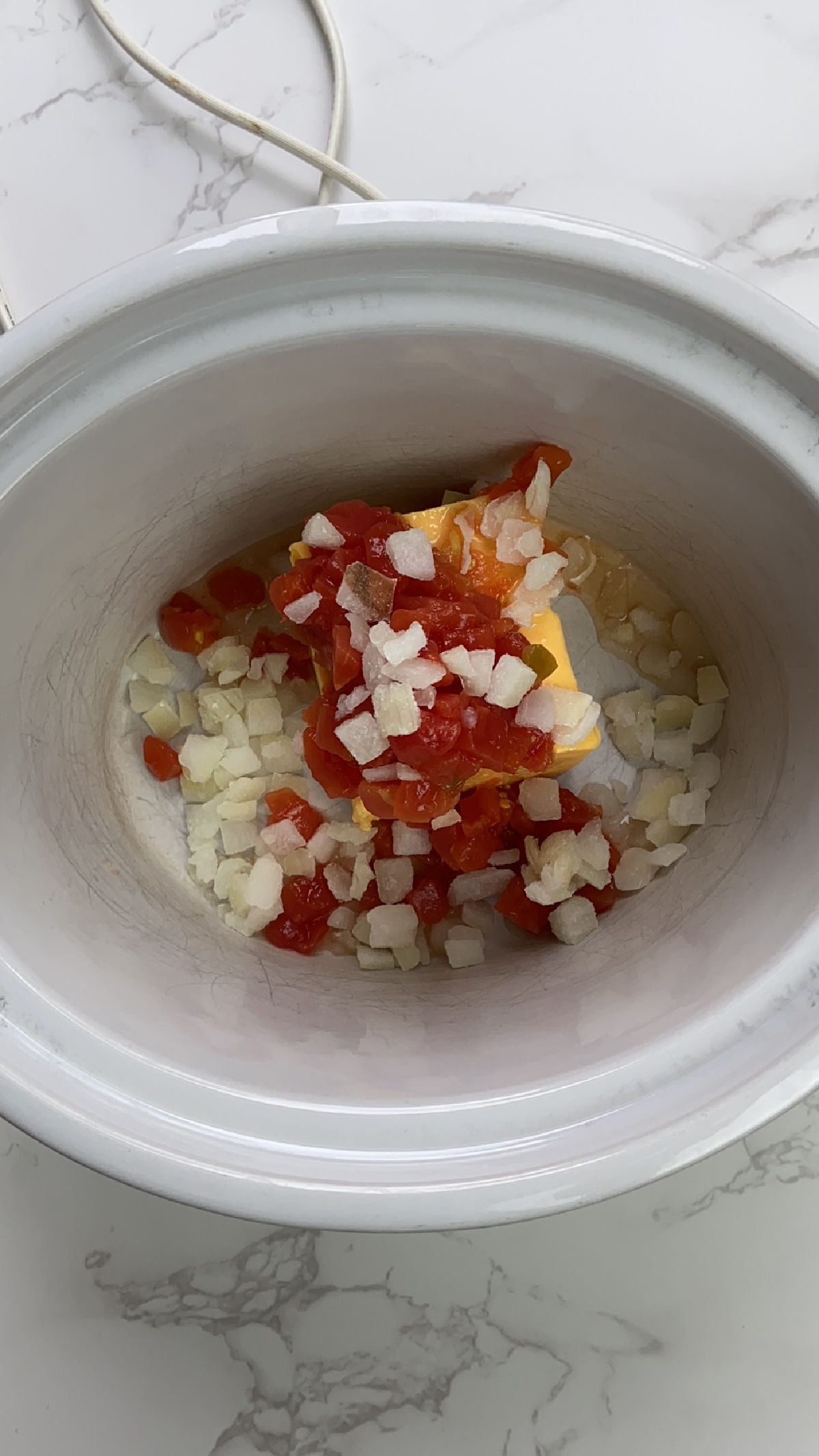 cheese, onions and tomatoes in a crock pot. 