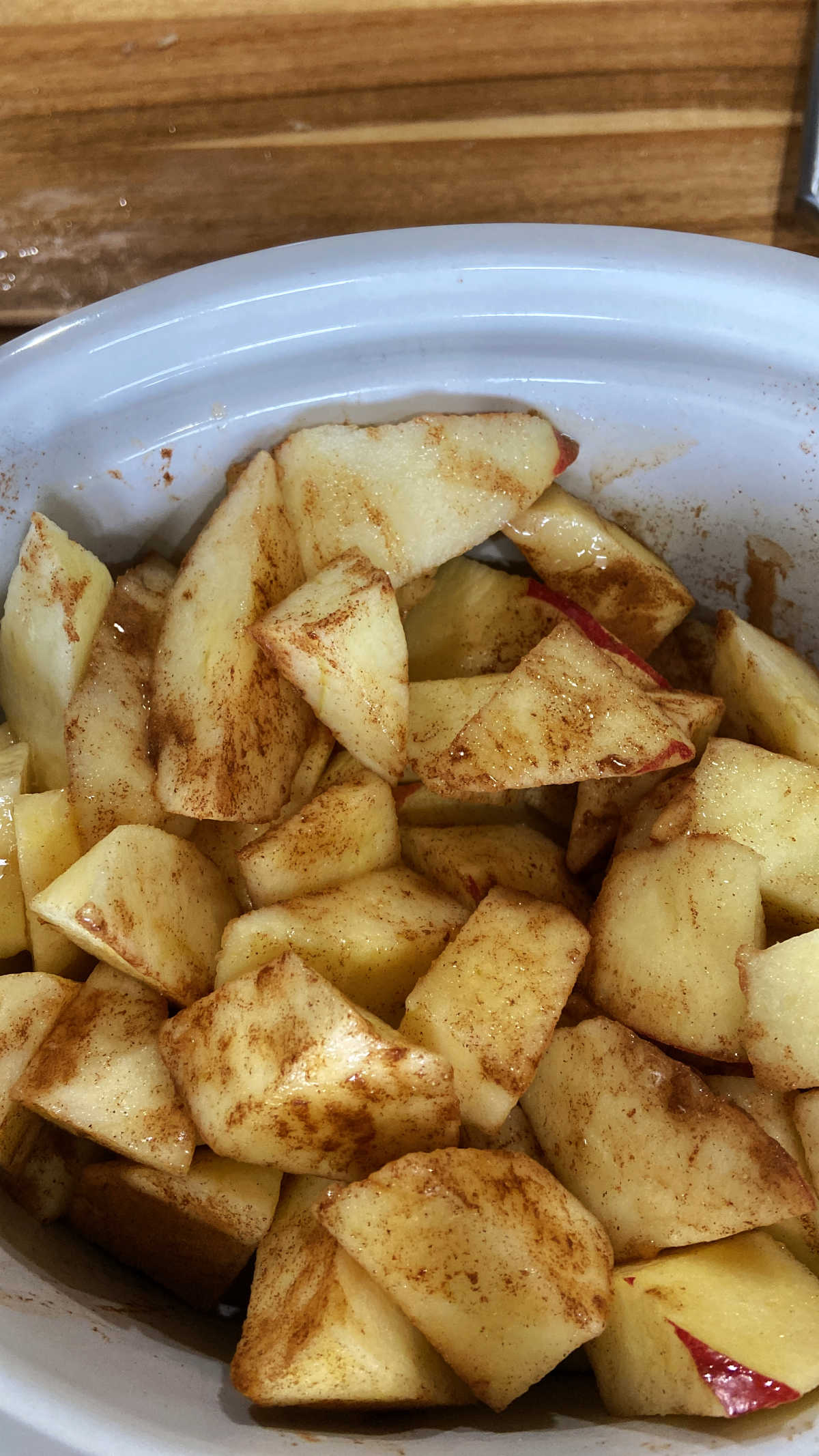Cinnamon and apples in a crock pot ready to be cooked. 