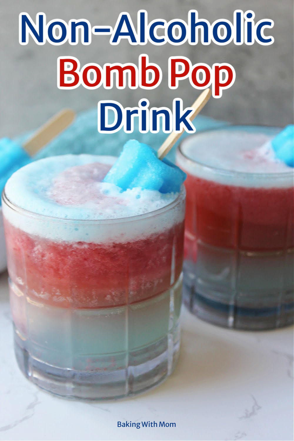 Glasses of red, white and blue drink with a blue towel behind. 