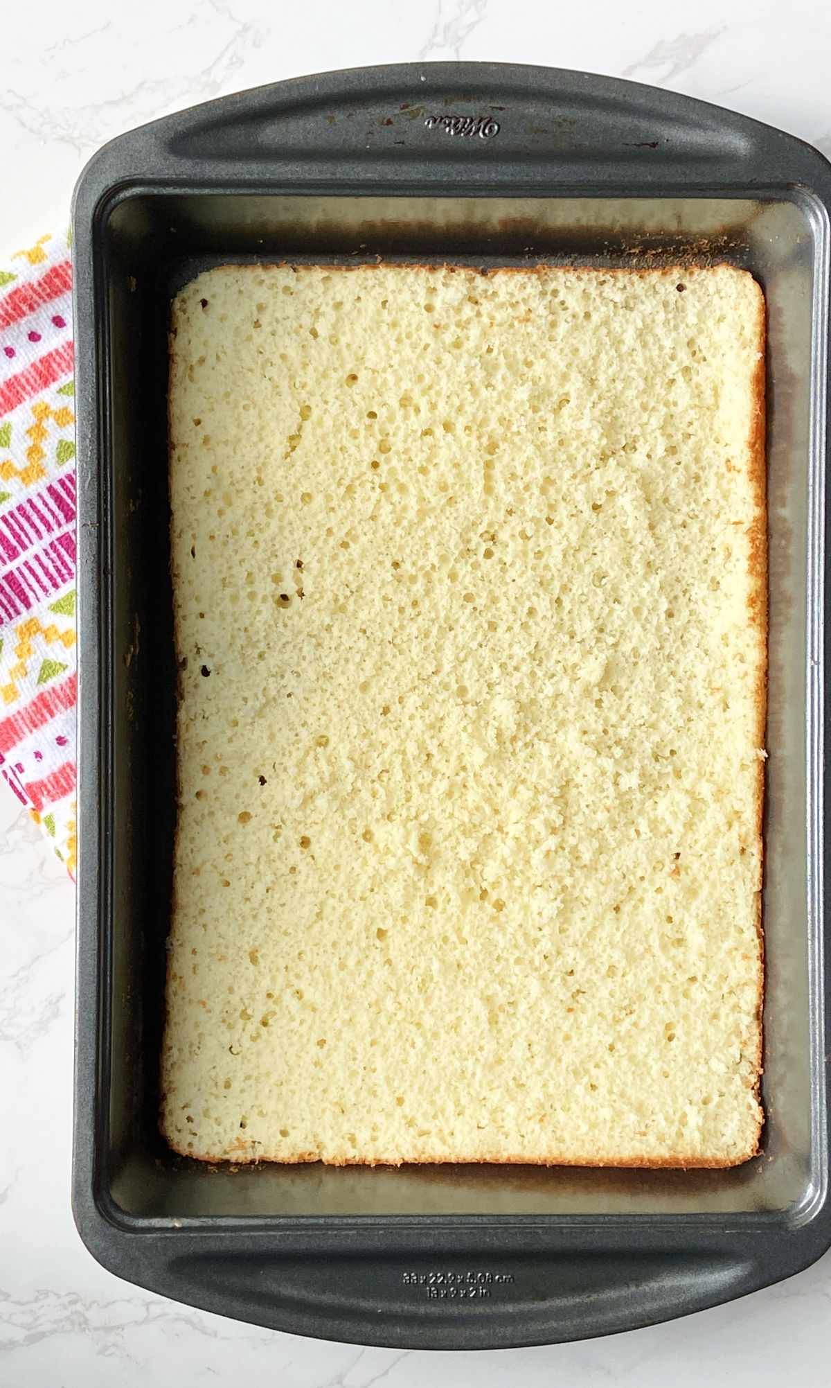 Cake cut in half lengthwise in a cake pan. 