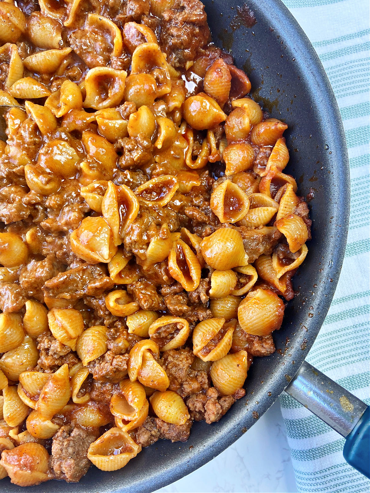 homemade hamburger helper in a frying pan. 