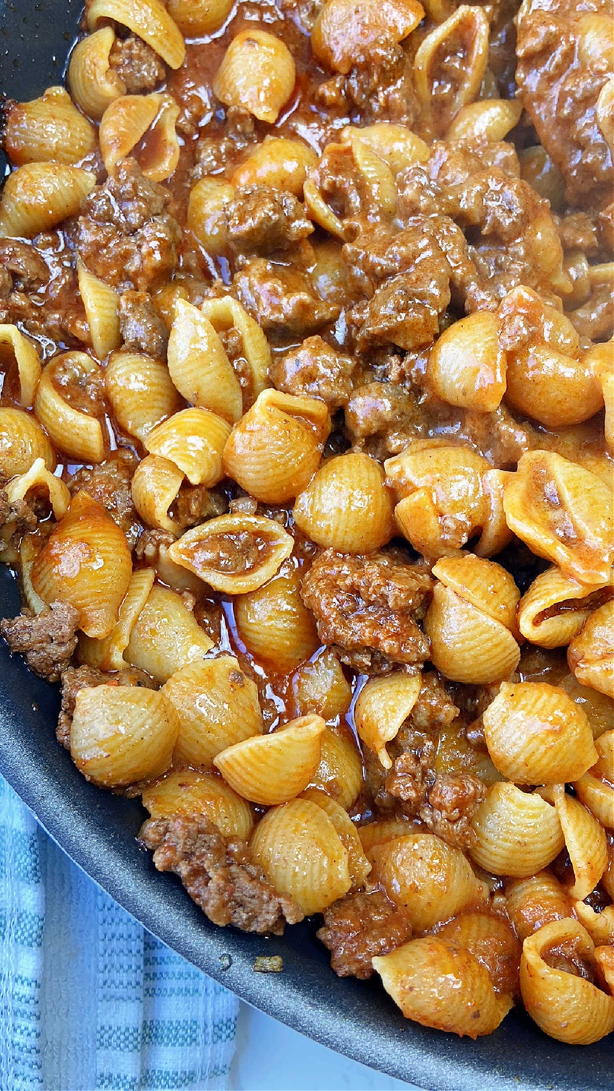 Hamburger helper in a frying pan. 