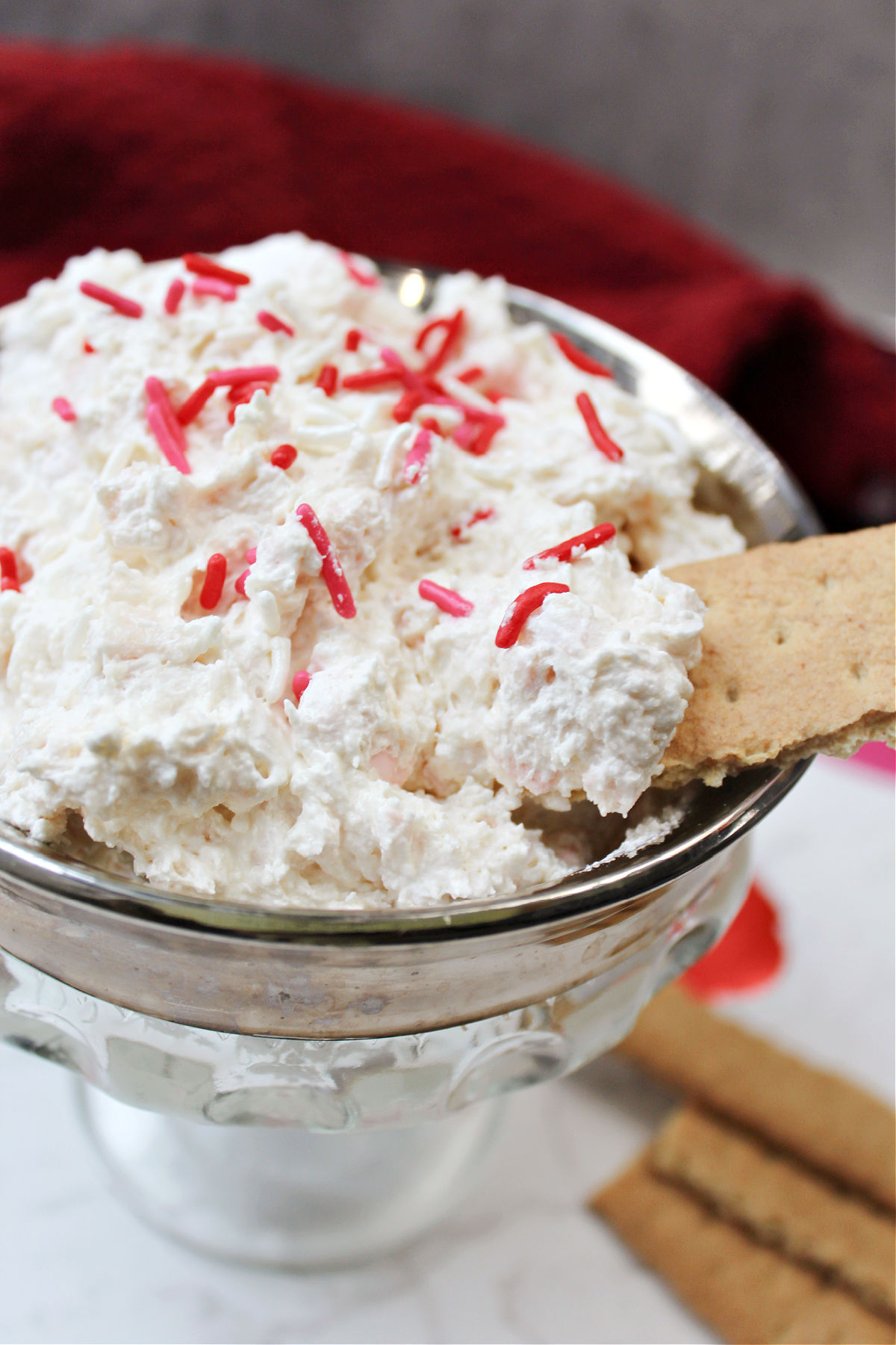 valentines dip in a clear bowl. 