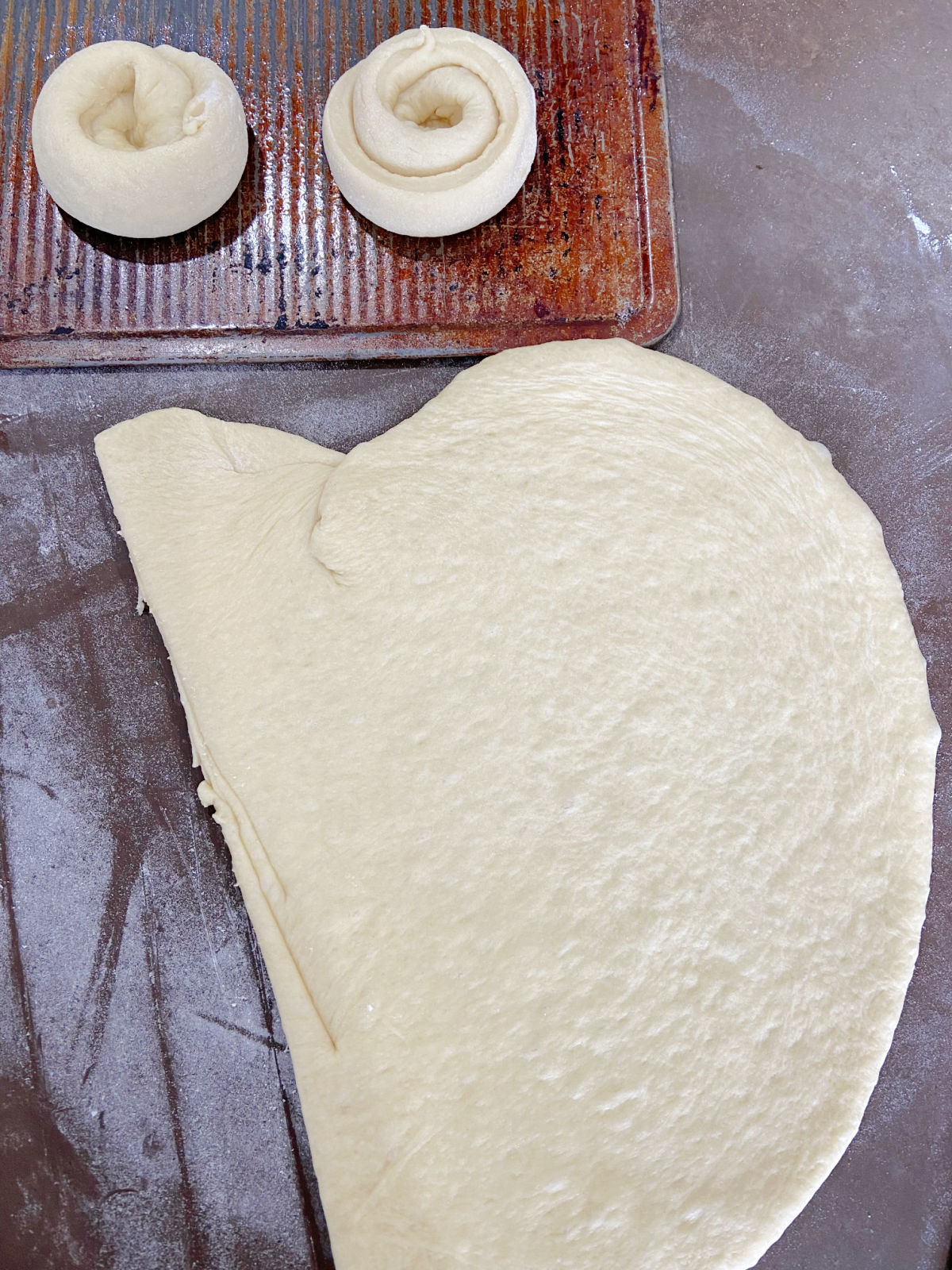 Rolled out bread dough.