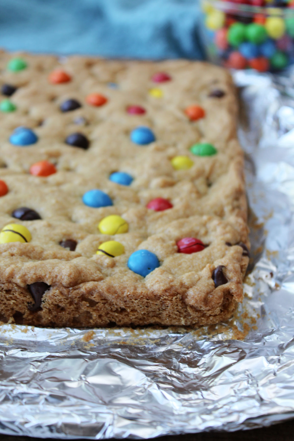 cookie bars on a foil sheet. 