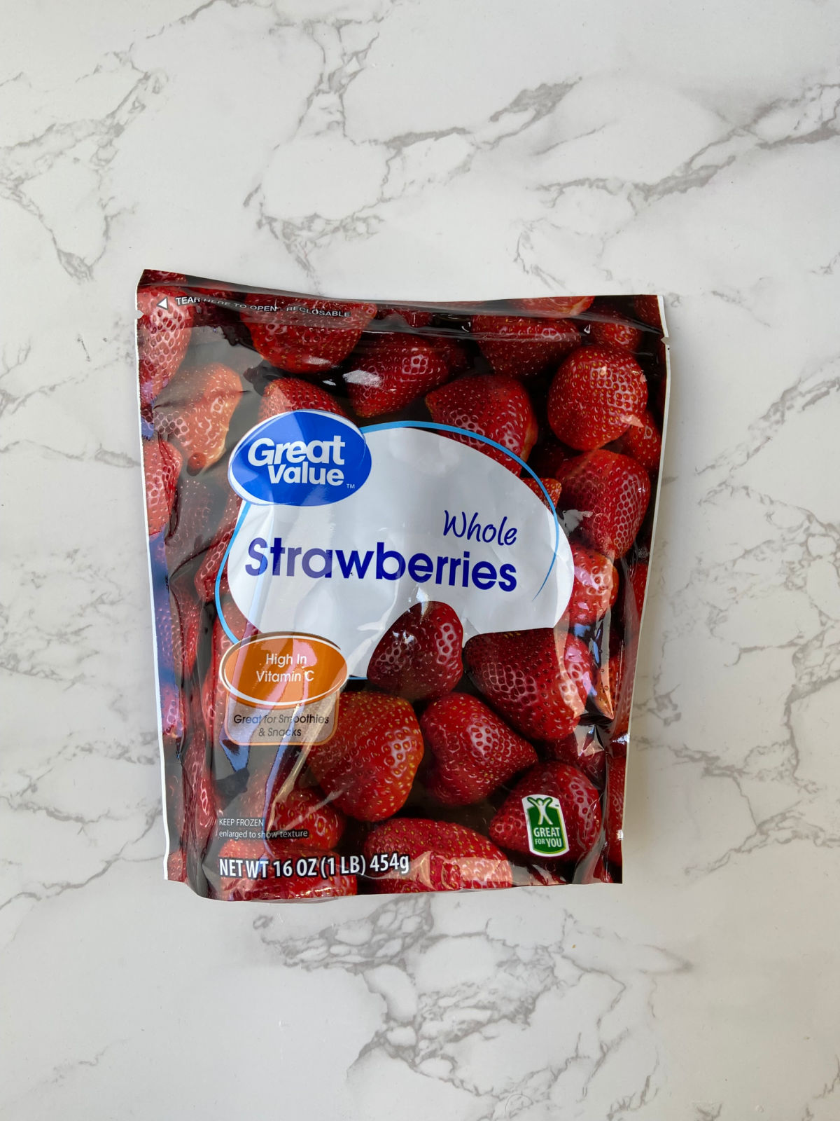 bag of walmart brand frozen strawberries. 