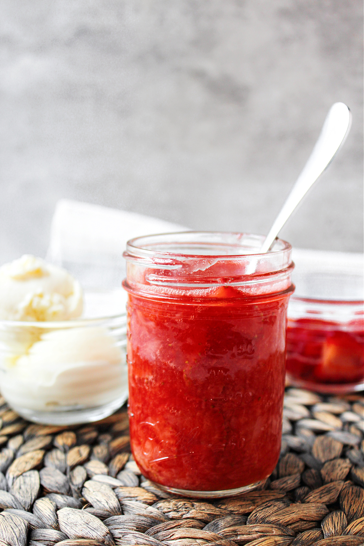 strawberry sauce in a jar.
