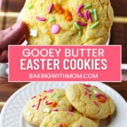 Gooey butter Easter cookies on a white plate and a hand holding a cookie.