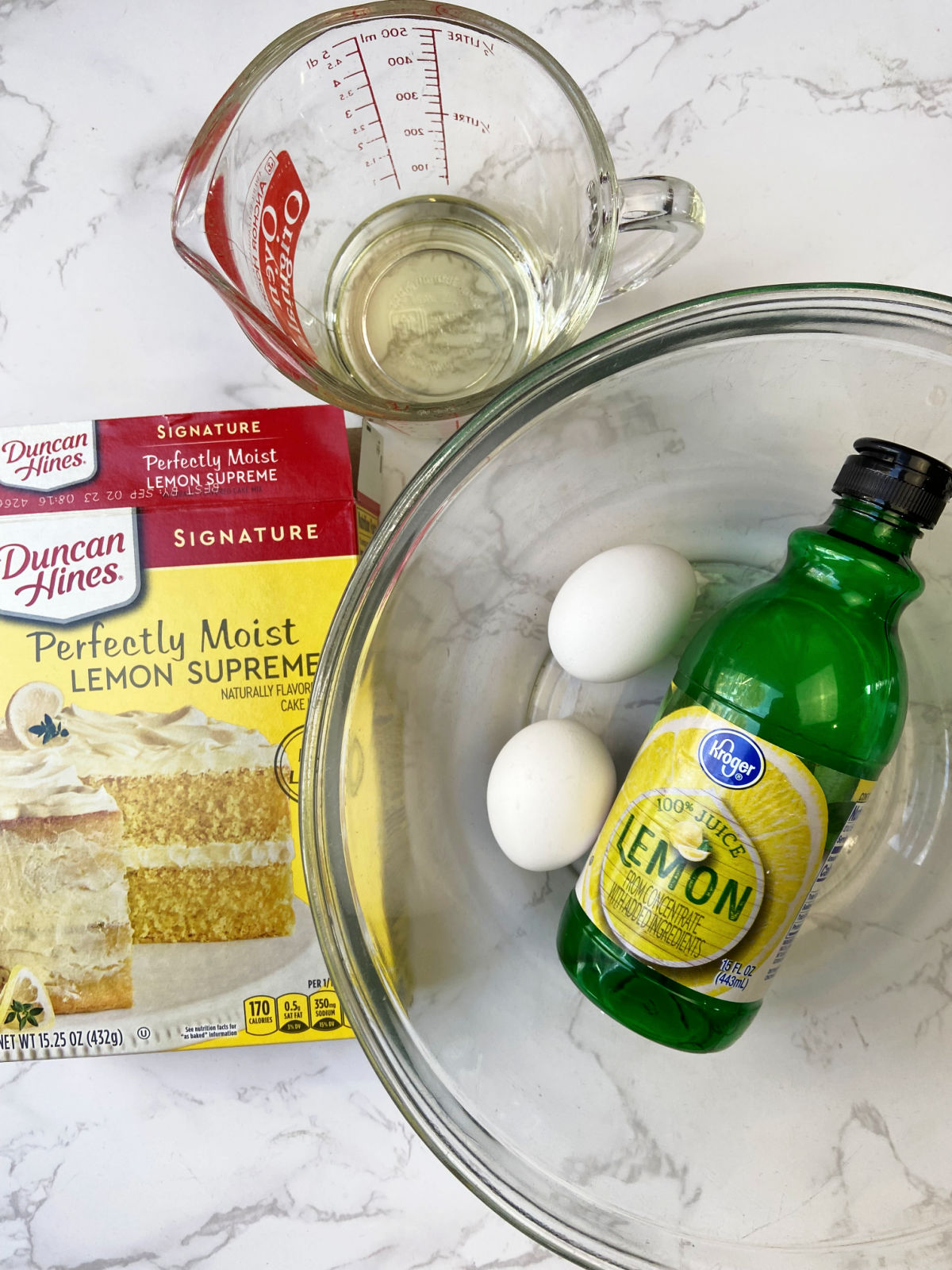 lemon cake mix, lemon juice, eggs and oil. 