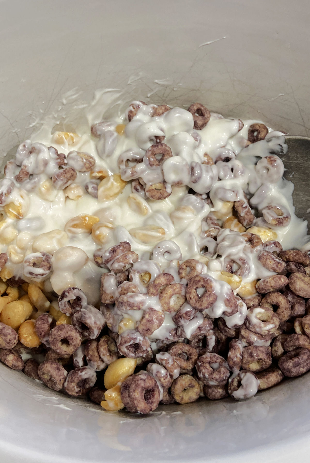 melted almond bark, peanut and cheerios in a crock pot. 