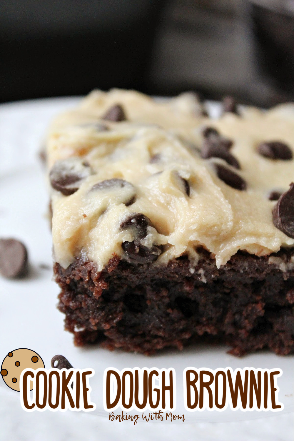 cookie dough brownie on a white plate. 