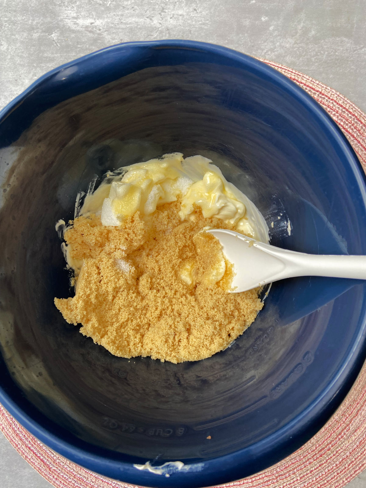 brown sugar and butter in a blue bowl. 