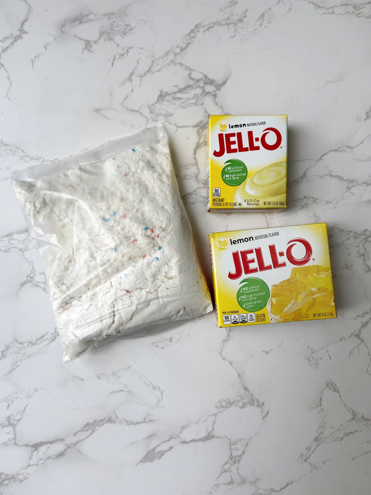 cake mix and Jell-O boxes. 