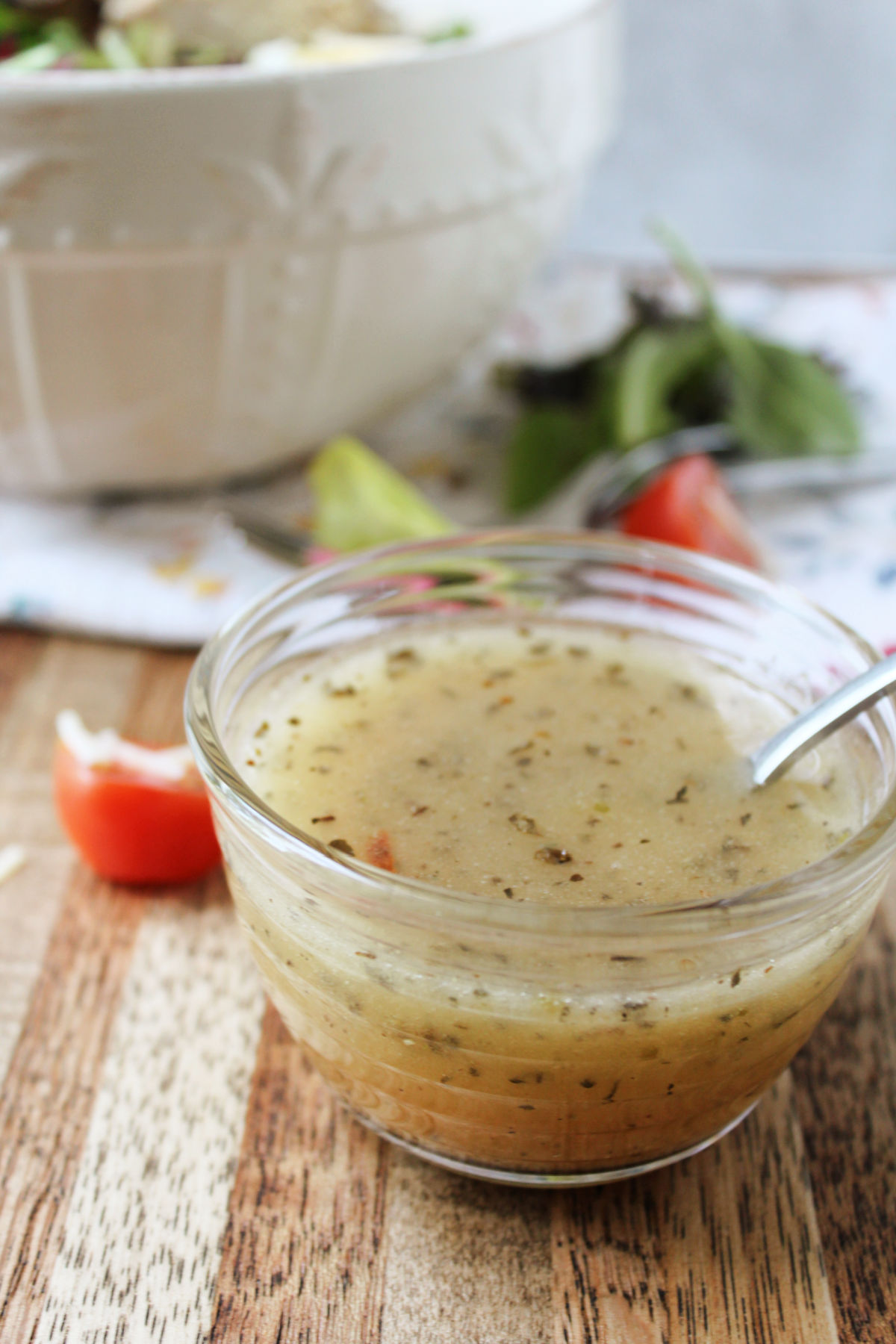 Italian dressing on a cutting board. 