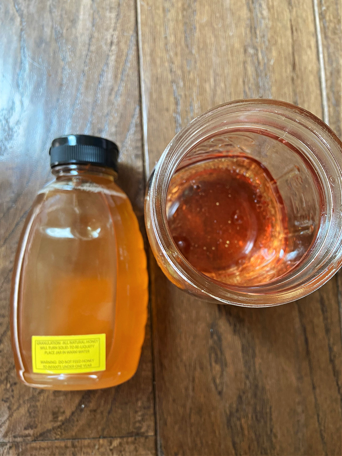 bottle of honey and red vinegar. 