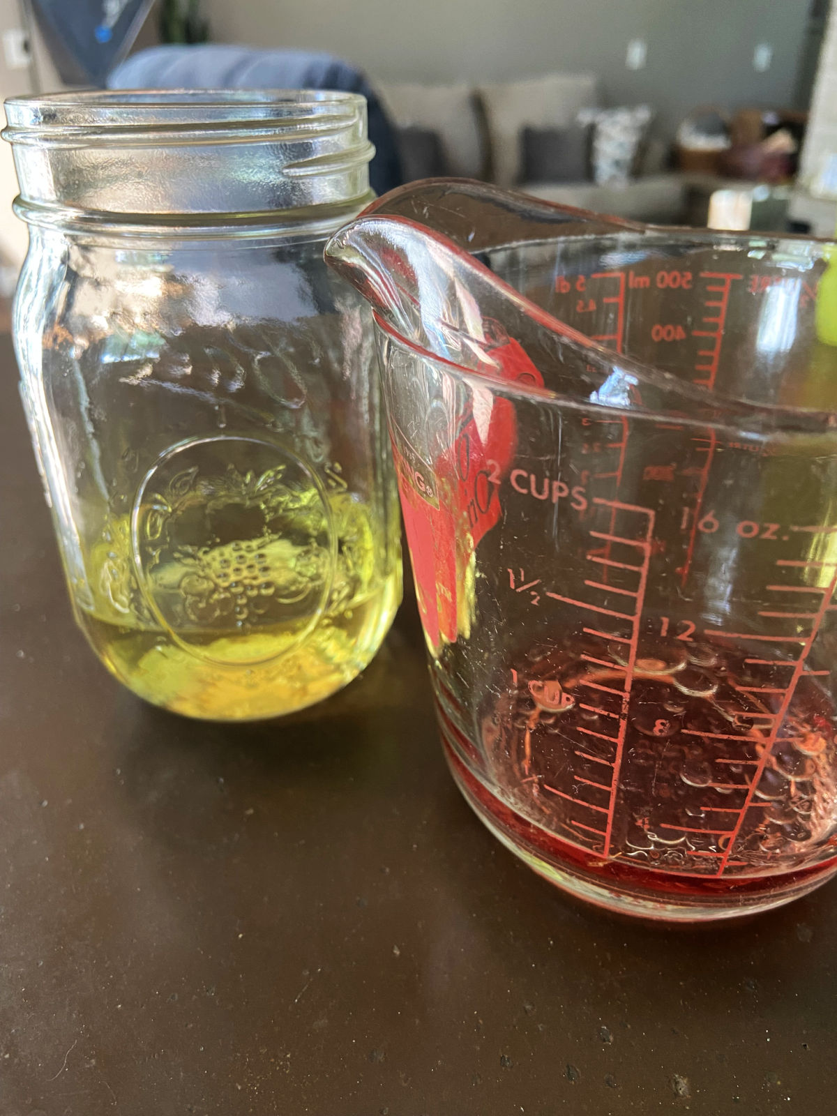 vinegar and oil on a counter.