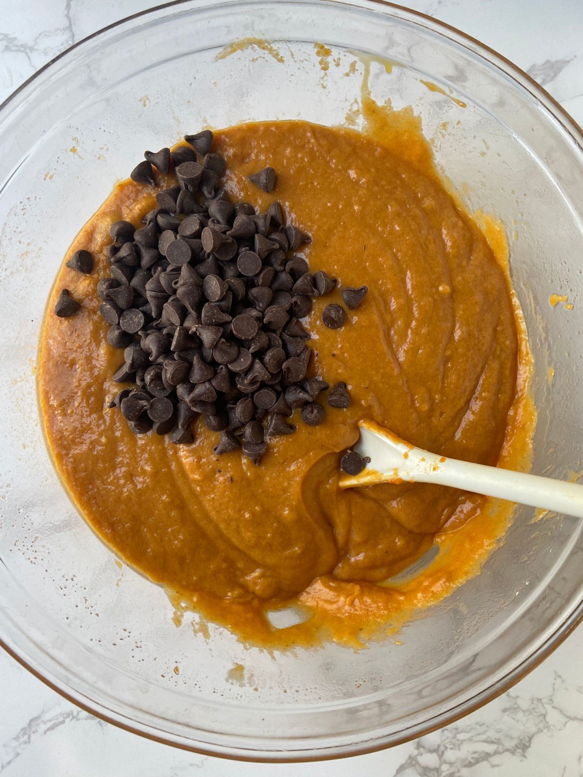 pumpkin batter with chocolate chips. 