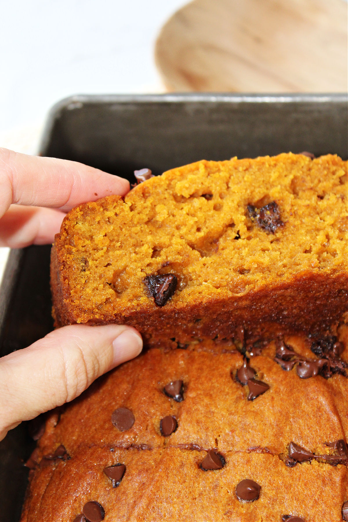 close up of pumpkin bread. 