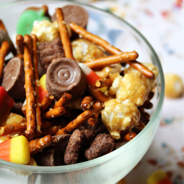 fall snack mix in a clear bowl.