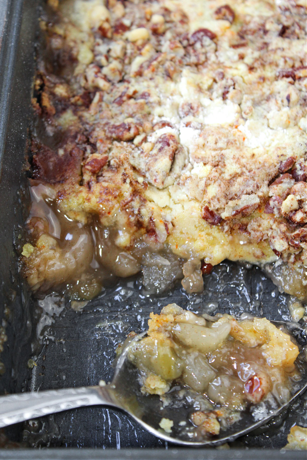 apple dump cake in a pan. 