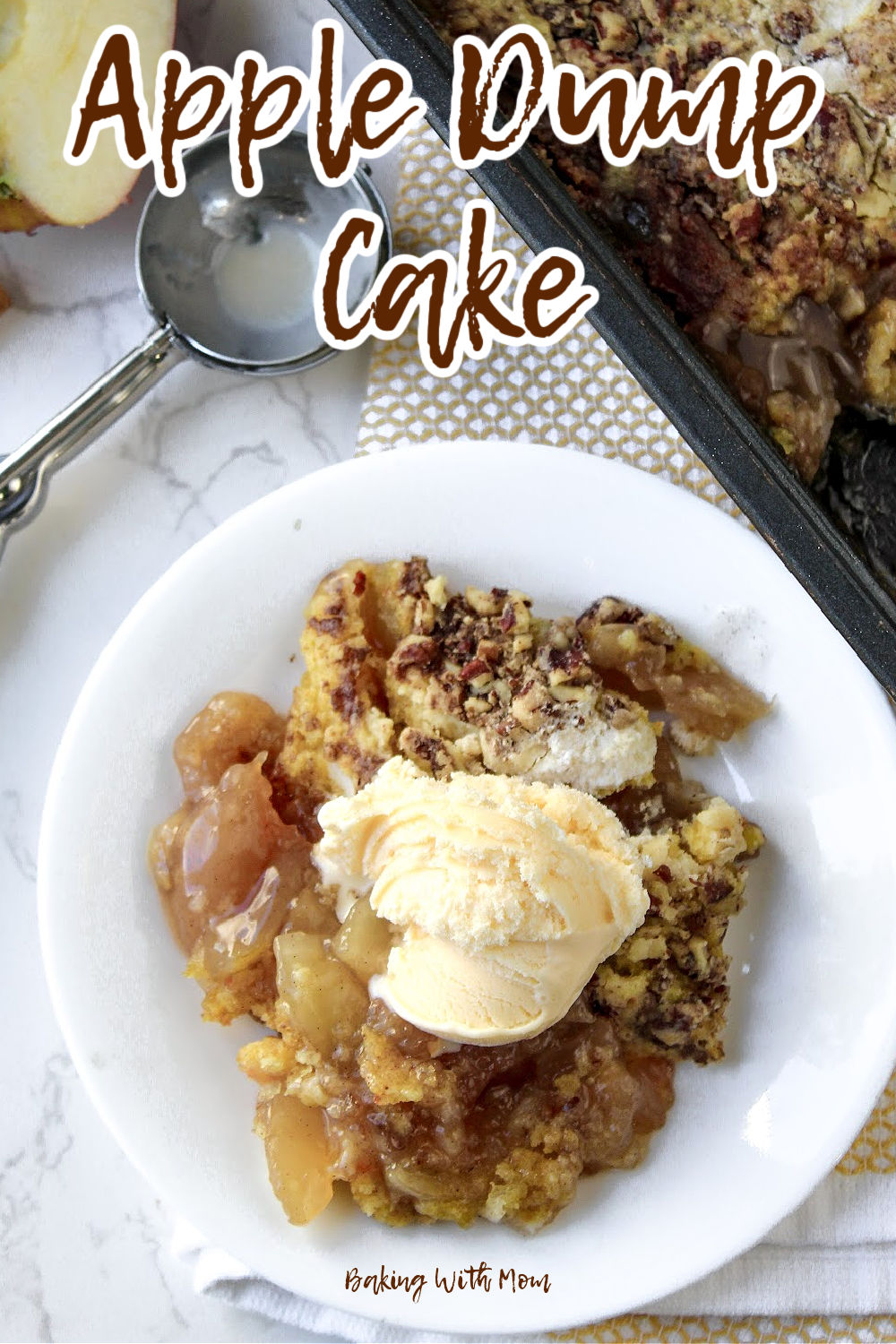 apple dump cake on a white plate. 