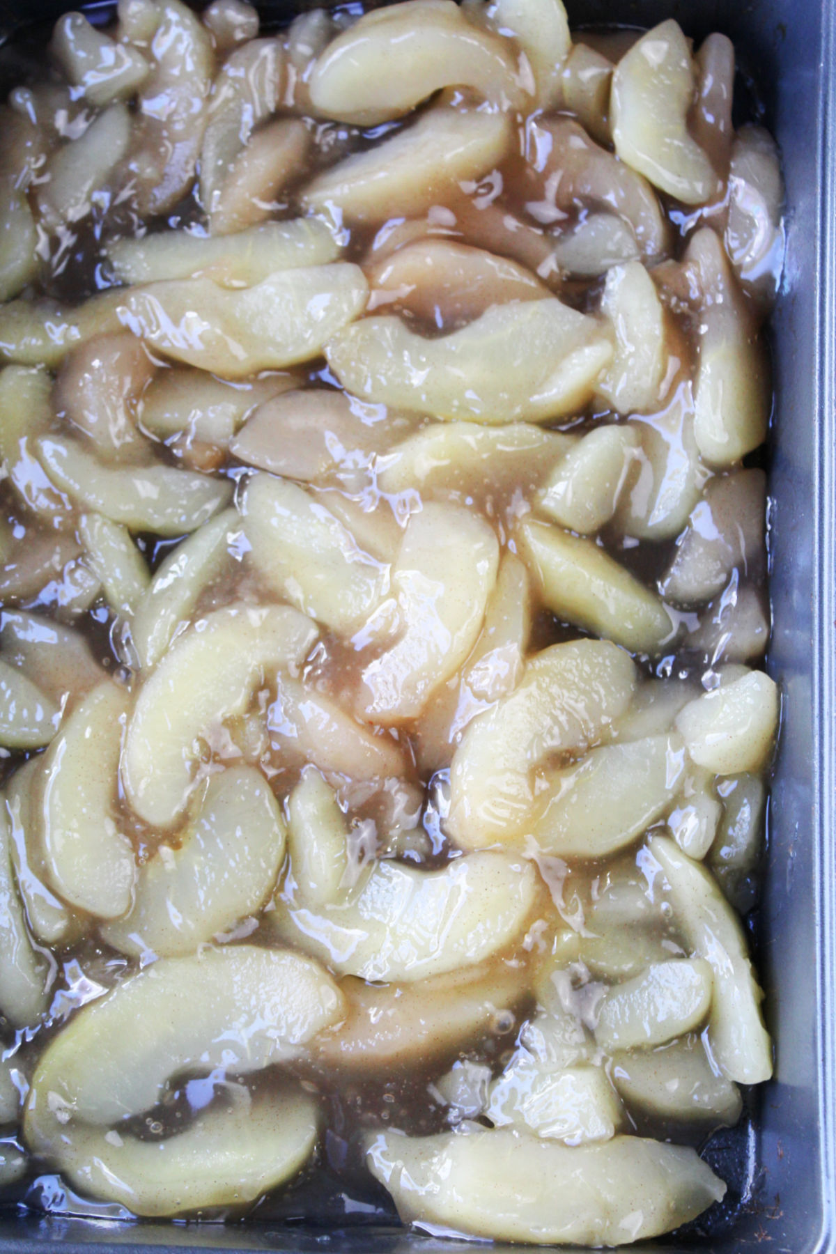 apple pie filling in a pan. 